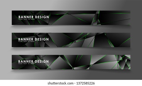 square banner vector collection . Black premium background with luxury dark polygonal pattern and green triangle lines