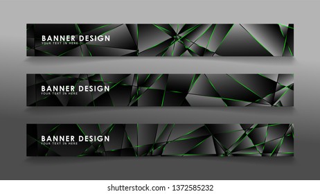 square banner vector collection . Black premium background with luxury dark polygonal pattern and green triangle lines
