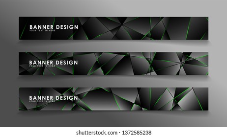 square banner vector collection . Black premium background with luxury dark polygonal pattern and green triangle lines