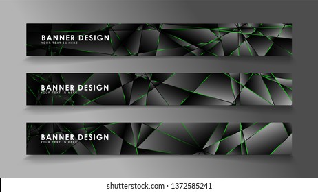 square banner vector collection . Black premium background with luxury dark polygonal pattern and green triangle lines