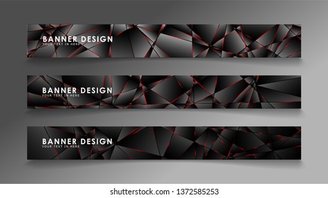 Square banner vector collection . Black premium background with luxury dark polygonal pattern and red triangle lines