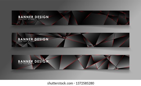 Square banner vector collection . Black premium background with luxury dark polygonal pattern and red triangle lines