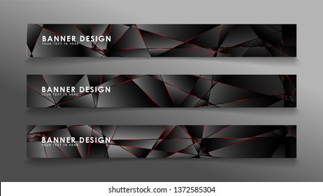 Square banner vector collection . Black premium background with luxury dark polygonal pattern and red triangle lines