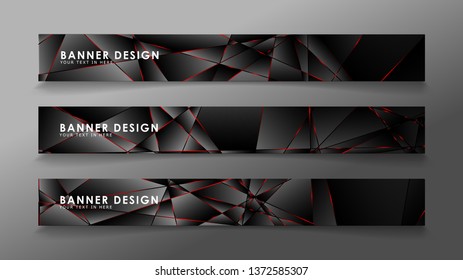 Square banner vector collection . Black premium background with luxury dark polygonal pattern and red triangle lines