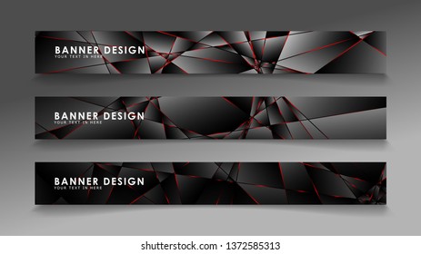 Square banner vector collection . Black premium background with luxury dark polygonal pattern and red triangle lines