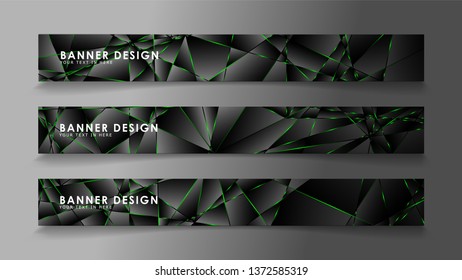 square banner vector collection . Black premium background with luxury dark polygonal pattern and green triangle lines