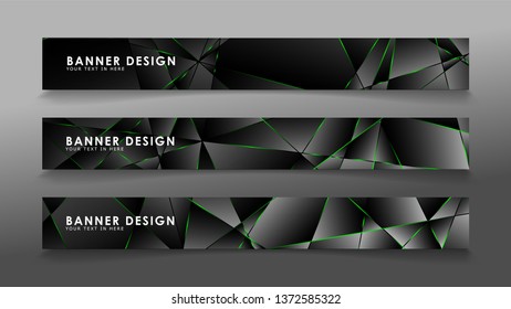 square banner vector collection . Black premium background with luxury dark polygonal pattern and green triangle lines