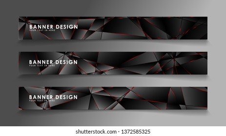 Square banner vector collection . Black premium background with luxury dark polygonal pattern and red triangle lines