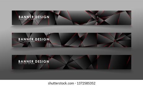 Square banner vector collection . Black premium background with luxury dark polygonal pattern and red triangle lines