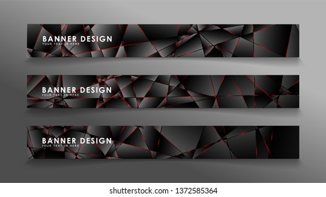 Square banner vector collection . Black premium background with luxury dark polygonal pattern and red triangle lines