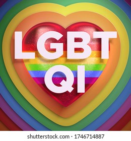 Cartel cuadrado, ilustración vectorial del movimiento LGBTQI. Corazón rojo 3d realista con colores y tonos arcoiris. Mes del Orgullo. LGBTQI - lesbianas, gays, bisexuales, transexuales, interrogatorios, intersexuales.