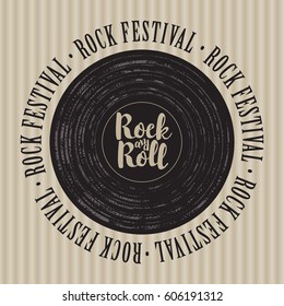 square banner with a vinyl record, inscription rock-n-roll and the words rock festival, written around