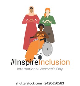 Square Banner mit weißem Hintergrund für IWD2024 für eine Kampagne zur Inklusion. 3 Frauen verschiedener Nationalitäten, eine Frau im Rollstuhl, die Geste als Herzform, flacher Vektor.