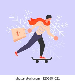 Square Banner for Winter sale. People running after shopping isolated on winter town background . Vector illustration eps 10
