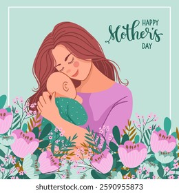 Square banner with a woman and a child for Mothers Day . Vector illustration