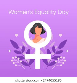 Square Banner Women`s Equality Day. Beautiful brunette girl in the sign of venus. Purple background.