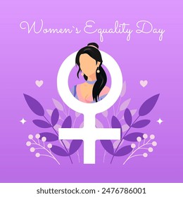 Square banner Women's Equality Day. Beautiful Asian girl in the sign of Venus. Purple