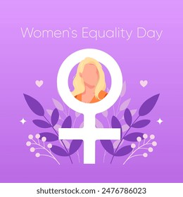 Square banner Women's Equality Day. Beautiful blonde girl in the sign of Venus. Purple