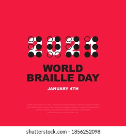 Square banner world braille day, january 4 th. symbol of the year 2021 is written in a font for visually impaired people 