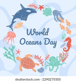 Square banner for World Ocean Day with many different sea animals, shells, corals.