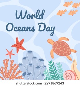 Square banner for world oceans day, hand drawn illustration. Modern flat illustration.