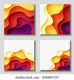 Square banners with 3D abstract background with red, purple, violet, yellow paper cut waves. Contrast colors. Vector design layout for presentations, flyers, posters