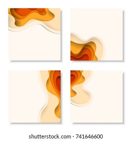 Square banners with 3D abstract background with orange paper cut waves. Vector design layout for business presentations, flyers, posters and invitations.