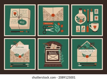 Square banners design with envelopes with mail, mailbox, labels, ink, pen, pencil, postmarks, plants, letter, vintage post office, jar, scissors. Flat vector isolated elements.