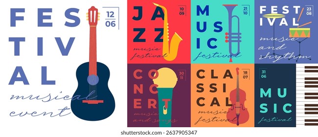 Square banners and posters for jazz and classical music concerts. Flat vector set with instruments, abstract shapes, and festive design. Ideal for festivals, club events, and conservatory promotions.