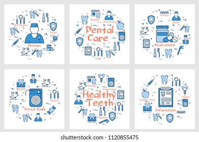 Square banners with round icons in set showing theme of health and dentistry care on white background