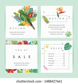 Square banners set for inspiration card, poster, cover, leaflet, print, mobile app. Embroidered birds, tropical flowers and leaves. Vector illustration, eps 10