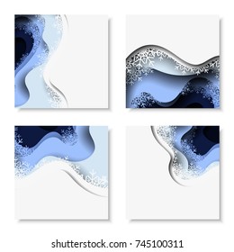 Square banners set with New Year 2018 3d abstract paper cut illustration snow hoarfrost in the night. Vector design layout template for greeting cards, flyers, posters and invitations.