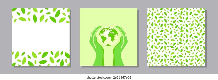 Square banners in shades of young green, fresh green, green. Ecology and nature concept. Earth Day April 22. Environment Day June 5. Suitable for social media posts, mobile apps, banner design 