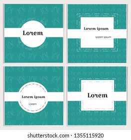 Square banners of teal color with linear teapots on the background. White space for text. Simple, stylish cards for decoration of a tea shop, blog, cards. Vector illustration.