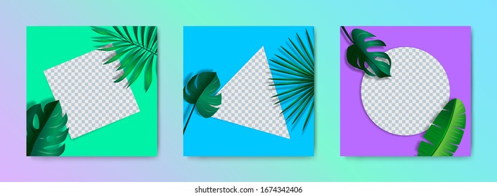 square banners with tropical leaves and geometric shapes for social media stories posters brochure set 