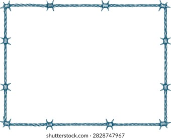 Square Barbed Wire Decorative Border Frame, Vintage Western Rustic Blue Line Art Vector Illustration