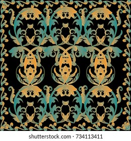 Square Baroque pattern with floral frame. Vector damask flowers, leaves, dots and antique ornaments. Design for shawl,wrap, scarf, cloth. Black background with green scroll flowers. Antique style.