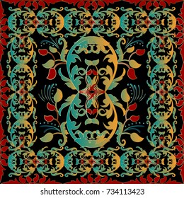 Square Baroque pattern with floral frame. Colorful vector damask flowers, leaves, dots and antique ornaments. Baroque design for shawl,wrap, scarf. Black bandana background with  paisley flowers. 
