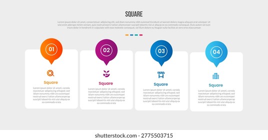 Square base shape infographics gradient template diagram with speech bubble discussion box on top with round box container with 4 point step creative vector