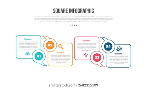 square base shape infographics template diagram with up and down box with speech bubble badge with 4 point step creative simple flat outline vector