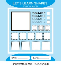 Square. Basic geometric shapes. Elements for children. Learn Shapes. Handwriting practice. Trace and write. Educational children game. Kids activity printable sheet. Blue Background.