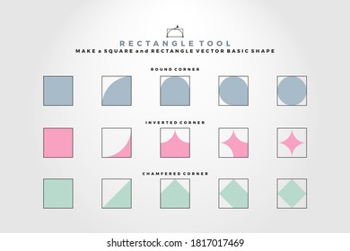 Square basic shape vector element with three corner model, rounded corner square, inverted corner square, and chamfered corner square applicable vector software and learning school, educated computer