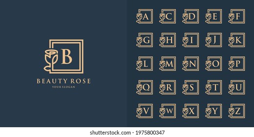 Square beauty rose logo. collection initial letter floral ornament logo with letter b