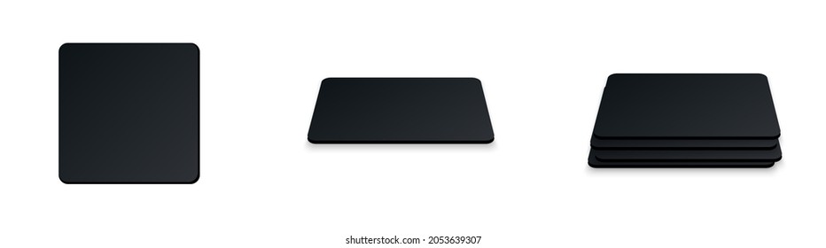 Square beer coaster. Empty black mockup. Pprotection coaster for beer glasses, tea cups isolated on white background. Branding template vector illustration