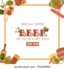 Square beer sale banner, flyer design with mug, glass, bottle, hops, fish, sausages, flat vector illustration isolated on white background. Square sale banner, flyer design with beer related objects