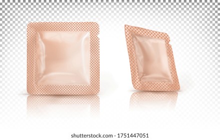 Square beige, brown sachets, stick, packaging, mini package for cosmetics. Mock up blank template isolated on transparent background. Different types.