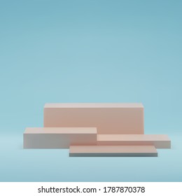 Square beige pastel podiums , on blue background, stage in studio, minimal trendy showcase for marketing product display, exhibition. 3d realistic vector illustration.
