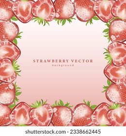 Square berry frame for text and photo with juicy red strawberries. Fruit background for decor, wallpapers, postcards, business cards and presentations.