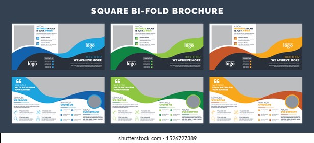 Square bifold poster flyer pamphlet brochure cover design layout space for photo background, vector illustration template in A4 size. Black, white, green, blue and orange color.