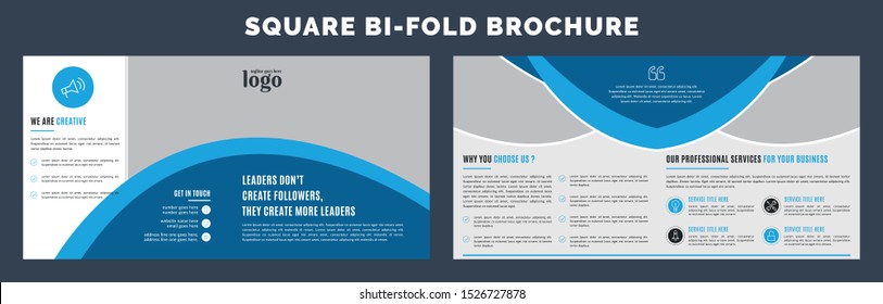 Square bifold poster flyer pamphlet brochure cover design layout space for photo background, vector illustration template in A4 size. Black, white and blue color.